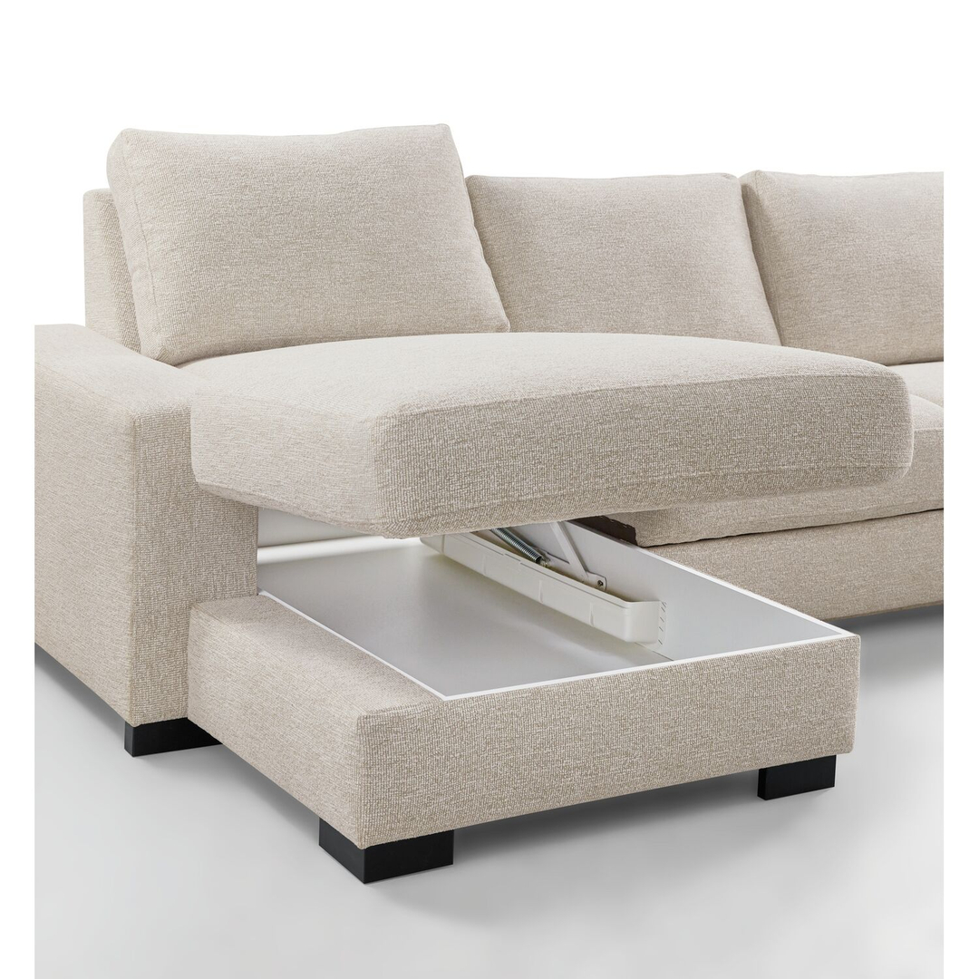 Hoekbank rechts Feda lichtgrijs hoofdsteun, relaxfunctie en opberglongchair basic comfort